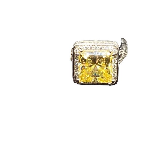Sterling silver 925 Canary diamond princess cut CZ halo style high profile wrapp - Picture 5 of 16